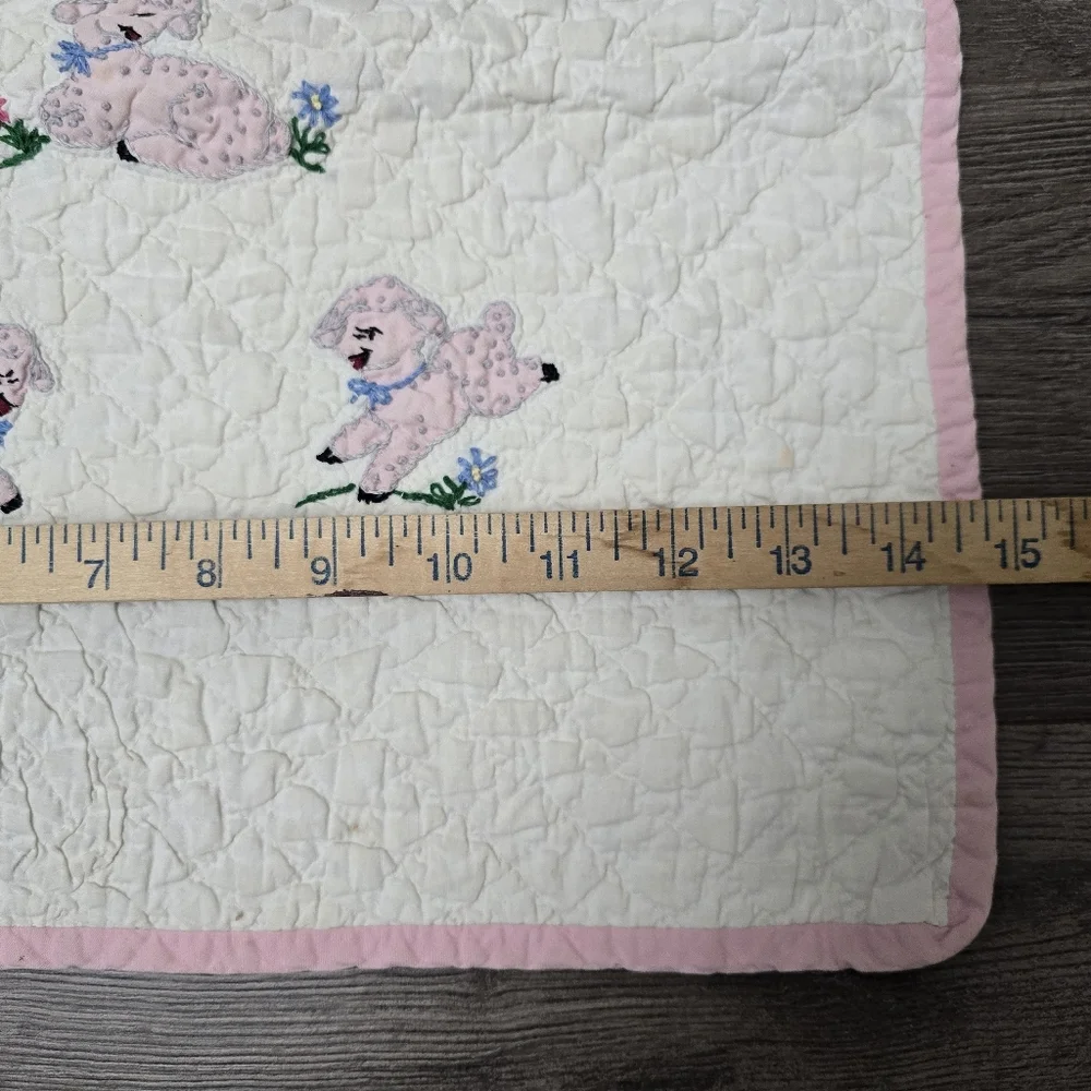 Vtg Handmade Quilt Emroidery Baby Blanket Decor Lamb Flowers Pink Nursery